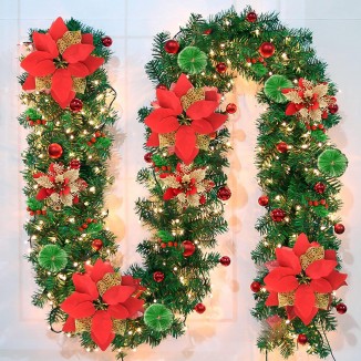 Pre-lit Green Rattan Christmas Garland - 9FT, Battery Operated LED Lights