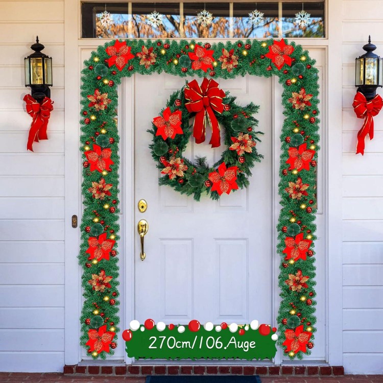 Pre-lit Green Rattan Christmas Garland - 9FT, Battery Operated LED Lights