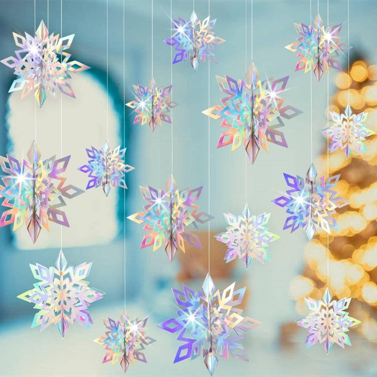 Christmas Hanging Snowflakes 15 Pack - 3D Iridescent Paper Snowflakes