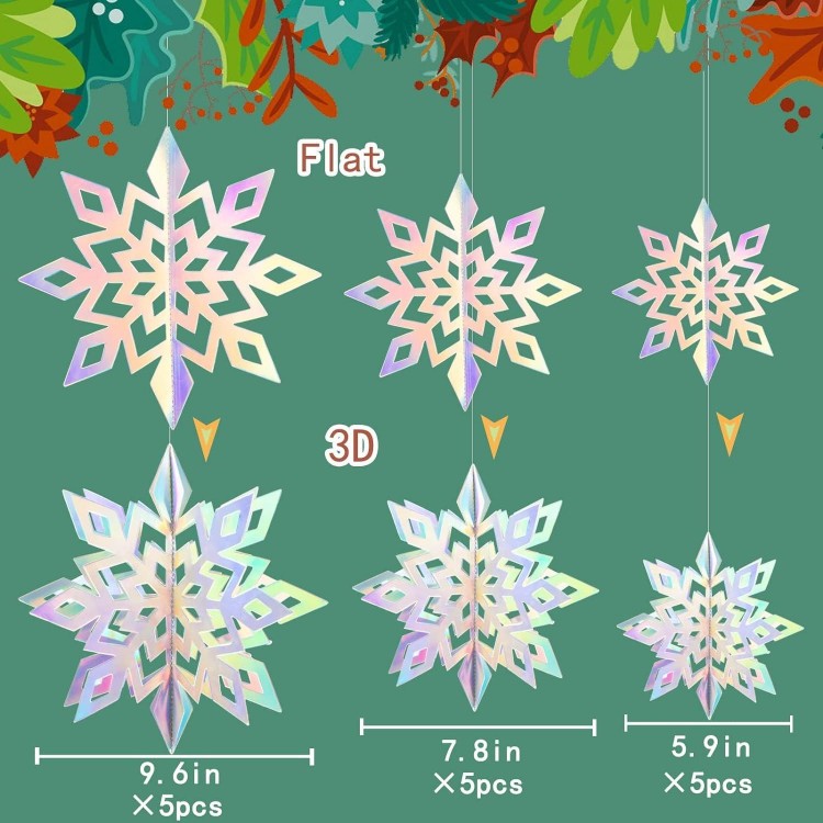Christmas Hanging Snowflakes 15 Pack - 3D Iridescent Paper Snowflakes