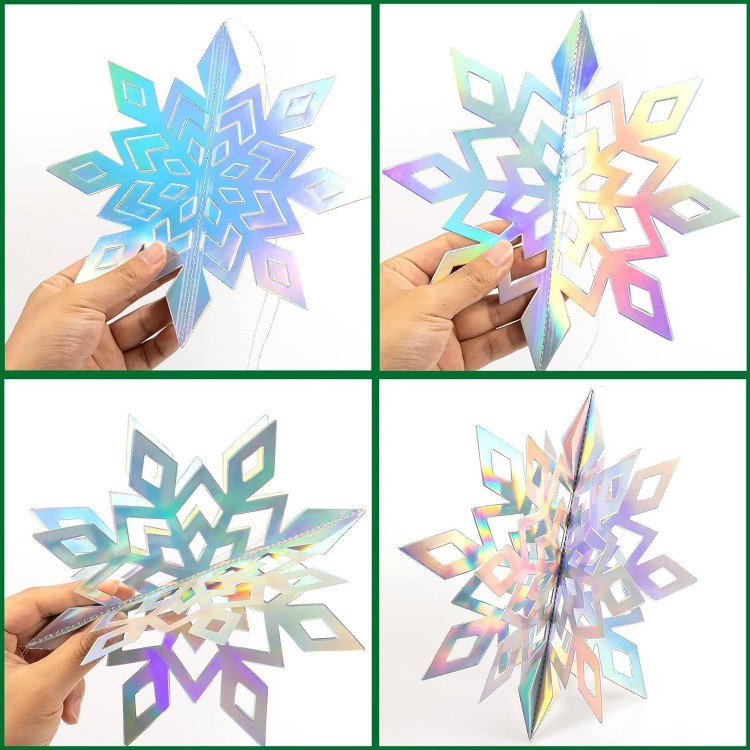 Christmas Hanging Snowflakes 15 Pack - 3D Iridescent Paper Snowflakes