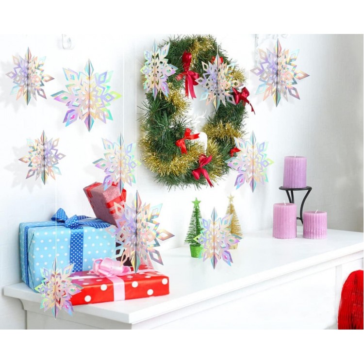 Christmas Hanging Snowflakes 15 Pack - 3D Iridescent Paper Snowflakes