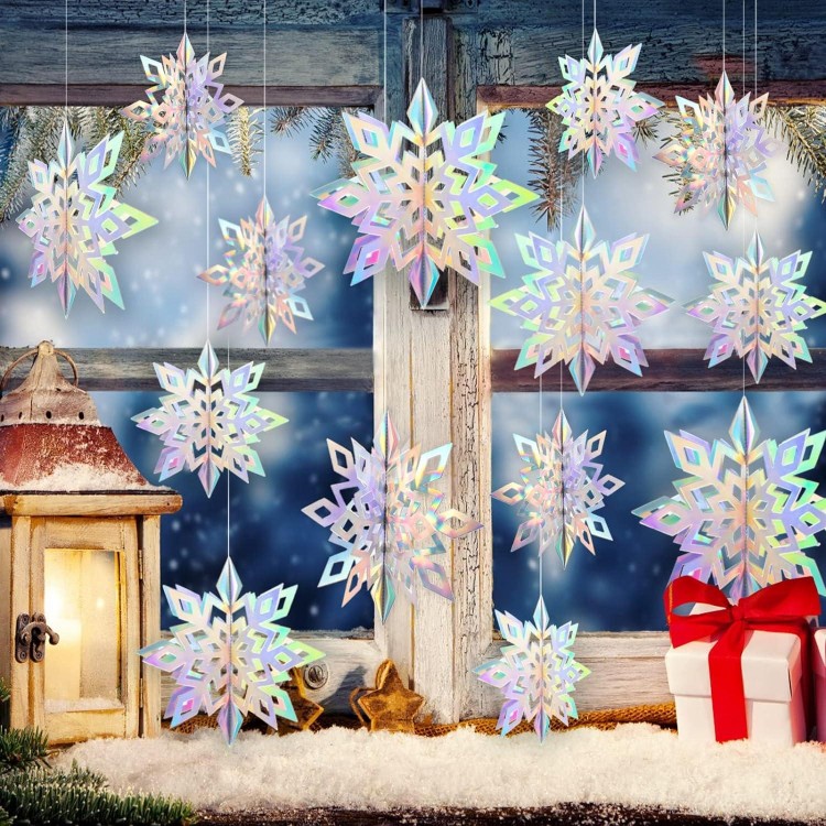 Christmas Hanging Snowflakes 15 Pack - 3D Iridescent Paper Snowflakes