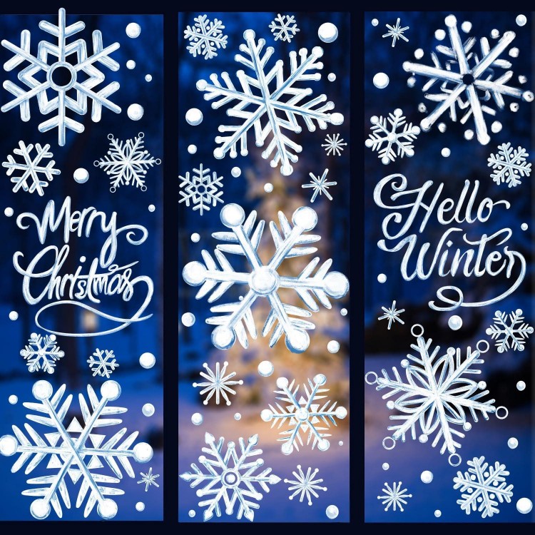YUJUN Winter Snowflakes Window Clings, Blue Oil Painting Snowflakes Decals