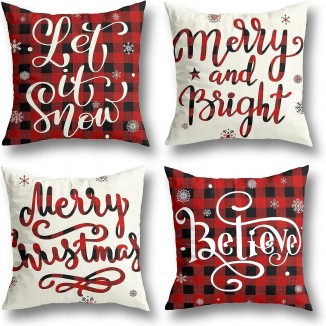 Christmas Decorations Pillow Covers - Farmhouse Buffalo Plaid Black and Red