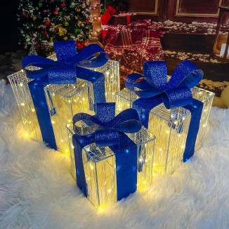 Purtuemy Set of 3 Lighted Christmas Gift Boxes,Present Ornament for Tree
