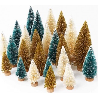 AerWo 24PCS Artificial Mini Christmas Trees - Bottle Brush Trees with Wood Base
