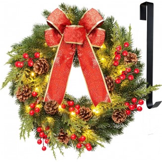 Kurala Christmas Wreath 16 Inches, with Metal Hanger, Battery Operated