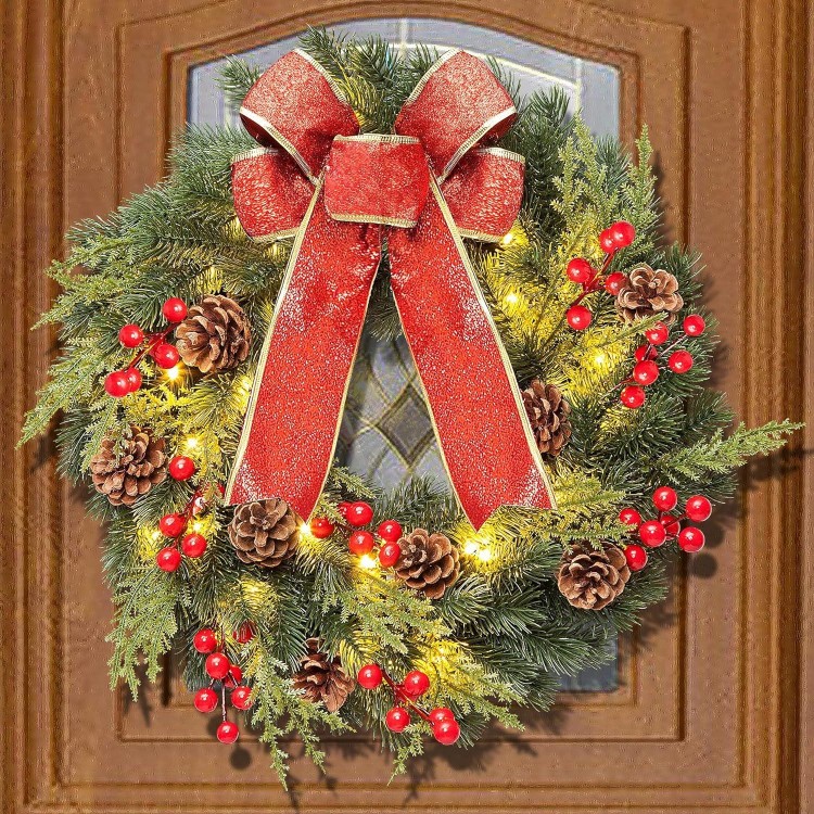 Kurala Christmas Wreath 16 Inches, with Metal Hanger, Battery Operated