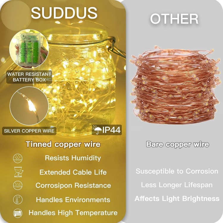 suddus 66ft 200 LED Outdoor String Lights - Fairy Lights Battery Operated