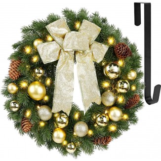 Hausse Lighted Christmas Wreath with Metal Hanger, Pre-lit Xmas Wreath