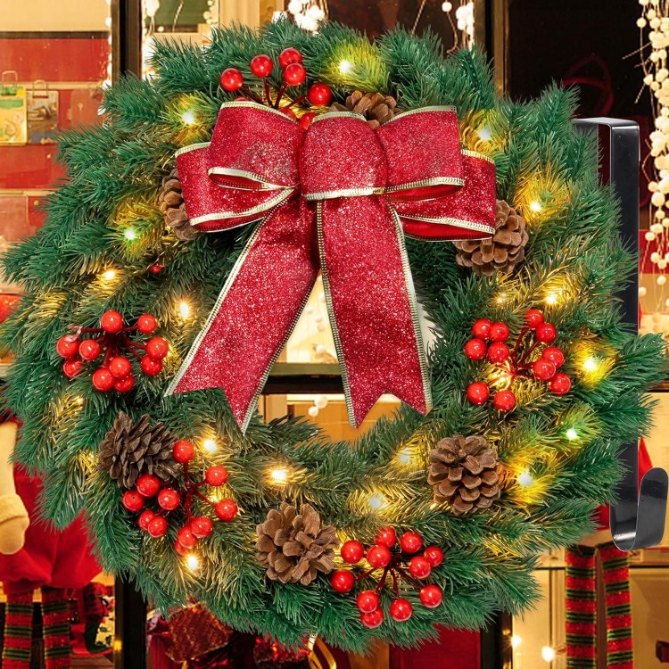 Christmas Wreath with Hanger & Timer - for Window Outdoor Wall Decor