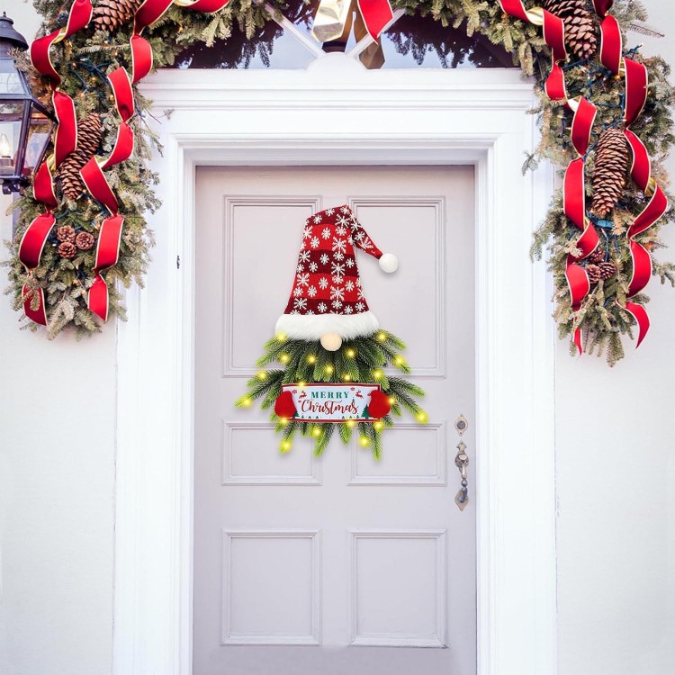 Christmas Wreath for Front Door, Lighted Gnome Christmas Door Wreath