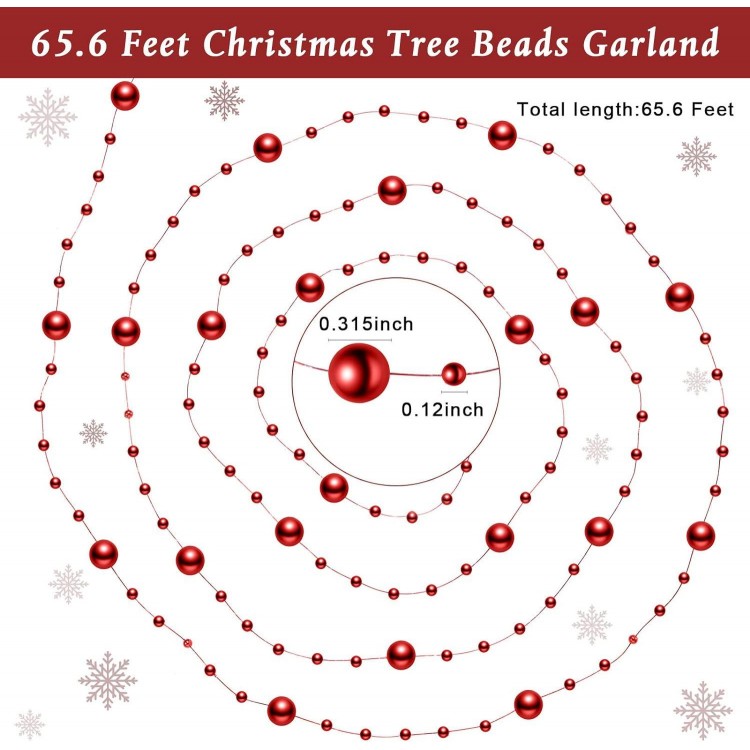 Pangda 65.6 Feet Christmas Tree Beads Garland Plastic Pearl Strands Chain