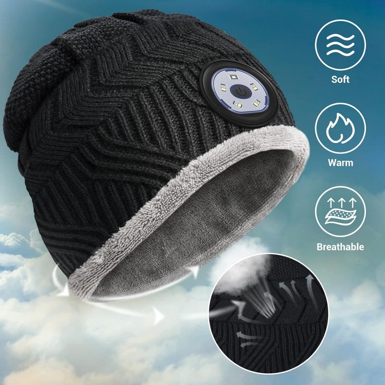 HIGHEVER LED Beanie Hat with Light - Men Women Flashlight Beanie with Headlamp Winter Cap