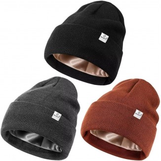 3 Pack Satin Lined Winter Beanie Hats for Women Men,Silk Lined Beanie Knit Soft Warm Cuffed Hat