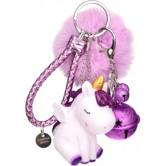 Tonsamvo Cute Unicorn Pom Pom Keychian With Fur Ball Small Bell Keyring