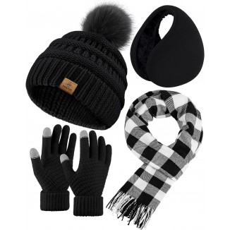 URATOT Beanie Hat Scarf Gloves 4 in 1 Winter Set Knitted Scarf Hat Touch Screen Gloves