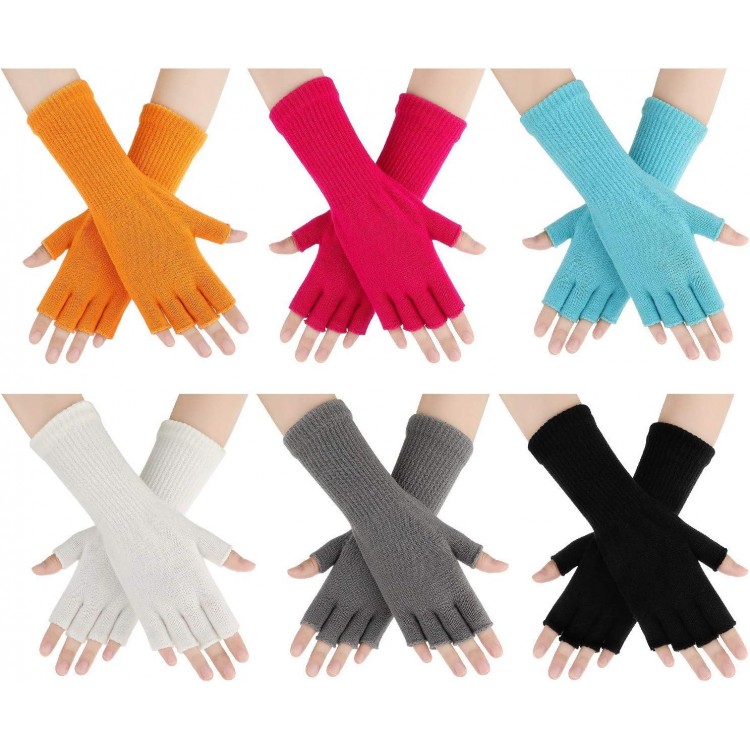 6 Pairs Unisex Half Finger Gloves Warm Stretchy Knit Fingerless Gloves 8.6 Inches Soft Gloves for Women Men