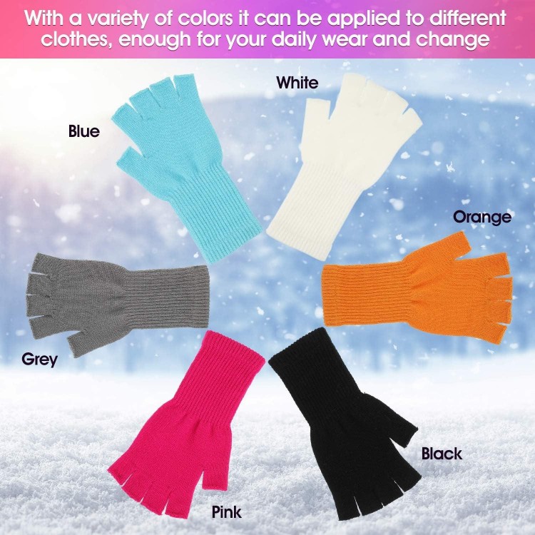 6 Pairs Unisex Half Finger Gloves Warm Stretchy Knit Fingerless Gloves 8.6 Inches Soft Gloves for Women Men
