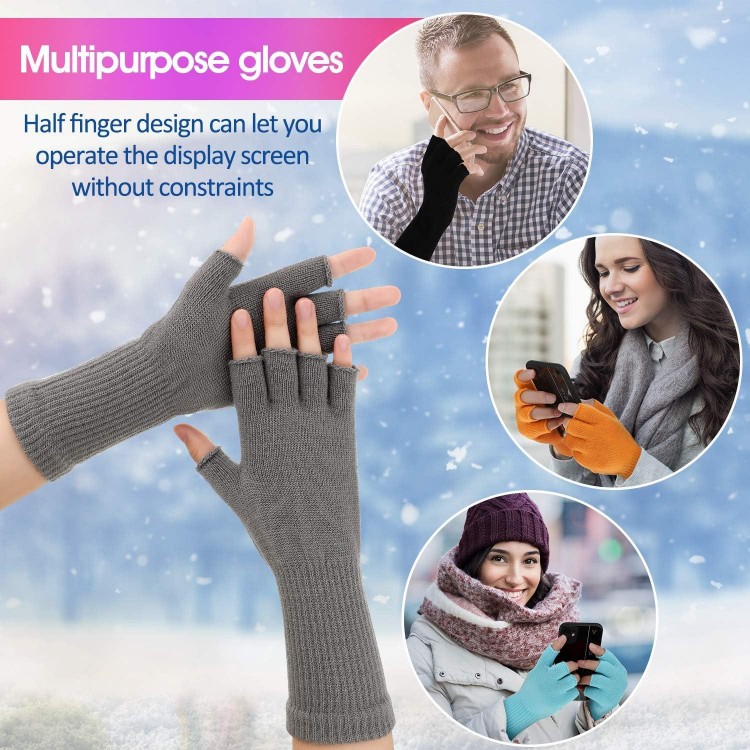 6 Pairs Unisex Half Finger Gloves Warm Stretchy Knit Fingerless Gloves 8.6 Inches Soft Gloves for Women Men