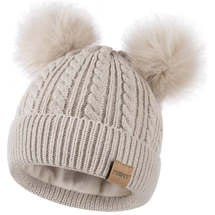 Beanies Women With Double Pom Pom, Winter Hats For Women Cold Weather Warm Knit Fleece Lined