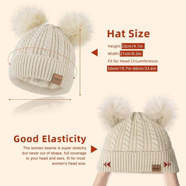 Beanies Women With Double Pom Pom, Winter Hats For Women Cold Weather Warm Knit Fleece Lined