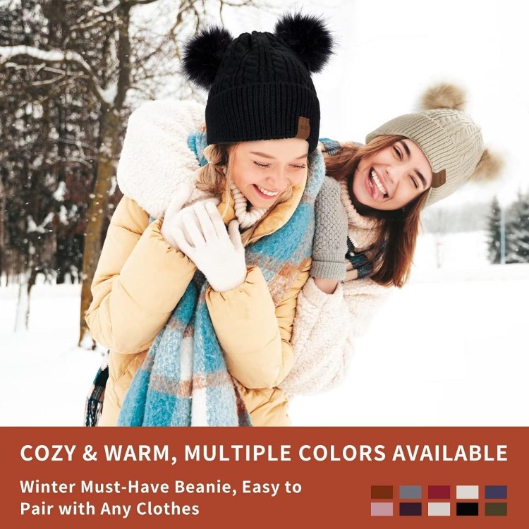 Beanies Women With Double Pom Pom, Winter Hats For Women Cold Weather Warm Knit Fleece Lined