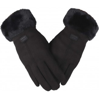 Flammi Women's Winter Suede Gloves Fur Cuffs Touchscreen Gloves Soft Warm Fleece Lined Gloves