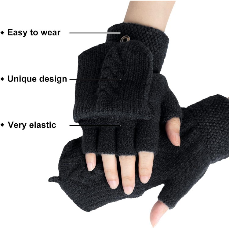 YSense Wear Fingerless Gloves for Women, Winter Warm Knitted Gloves Convertible Mittens Flap Cover