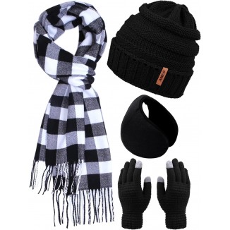 Aneco Winter Warm Knitted Sets Buffalo Plaid Scarf Beanie Hat Touch Screen Gloves