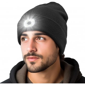 Beanie Hat With Light Rechargeable LED Skullcap Soft & Elastic Knitted Winter Cap Built-In Headlamp