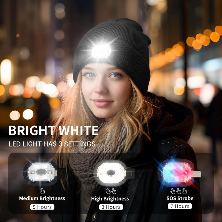 Beanie Hat With Light Rechargeable LED Skullcap Soft & Elastic Knitted Winter Cap Built-In Headlamp