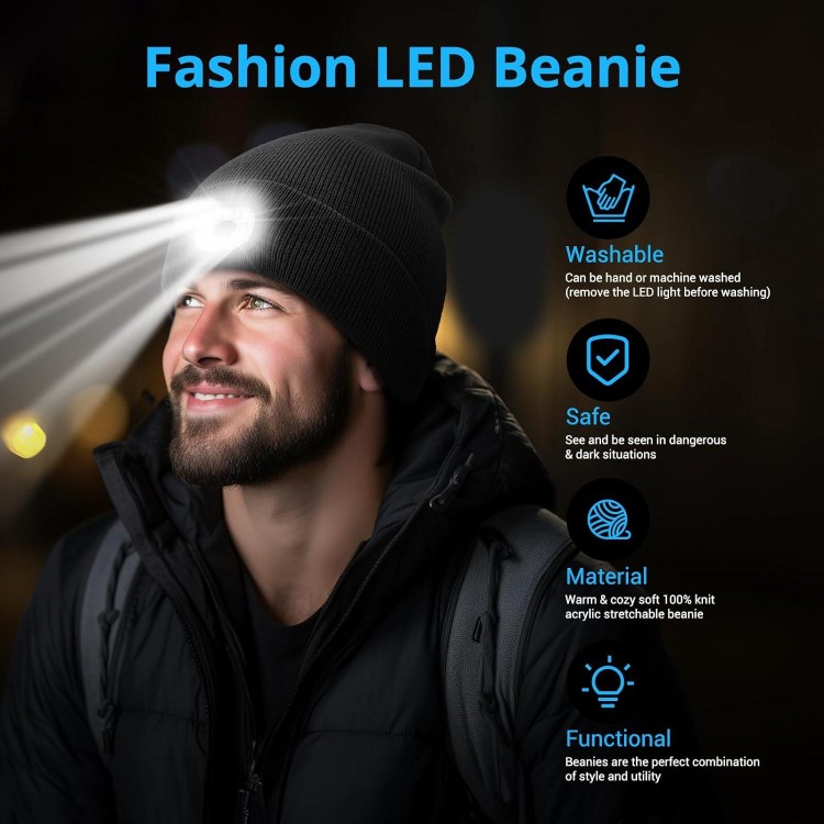 Beanie Hat With Light Rechargeable LED Skullcap Soft & Elastic Knitted Winter Cap Built-In Headlamp