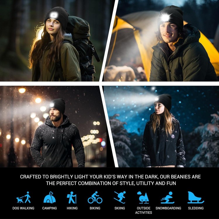 Beanie Hat With Light Rechargeable LED Skullcap Soft & Elastic Knitted Winter Cap Built-In Headlamp