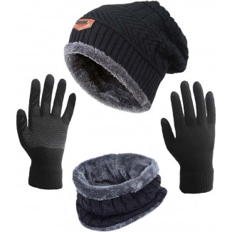 HINDAWI Winter Hat Scarf Gloves Slouchy Beanie Snow Knit Skull Cap Touch Screen Mittens Circle Scarves