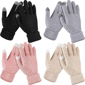 4 Pairs Women's Winter Touch Screen Gloves Warm Fleece Lined Knit Gloves Elastic Cuff Winter Texting Gloves