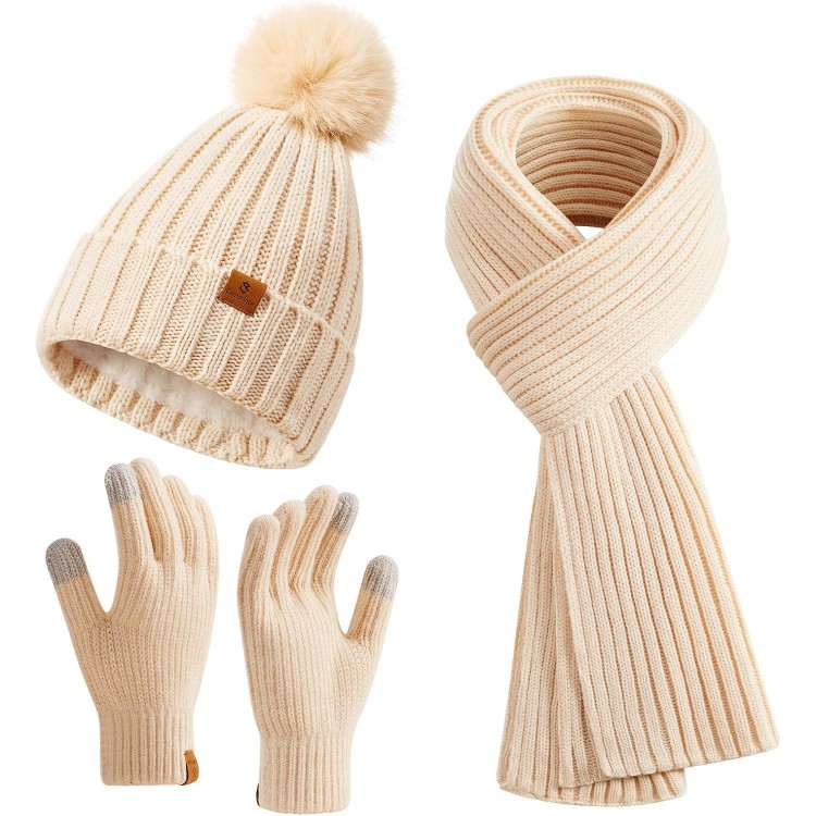 Coolprince Womens Winter Beanie Hat Long Scarf Touchscreen Gloves Set 