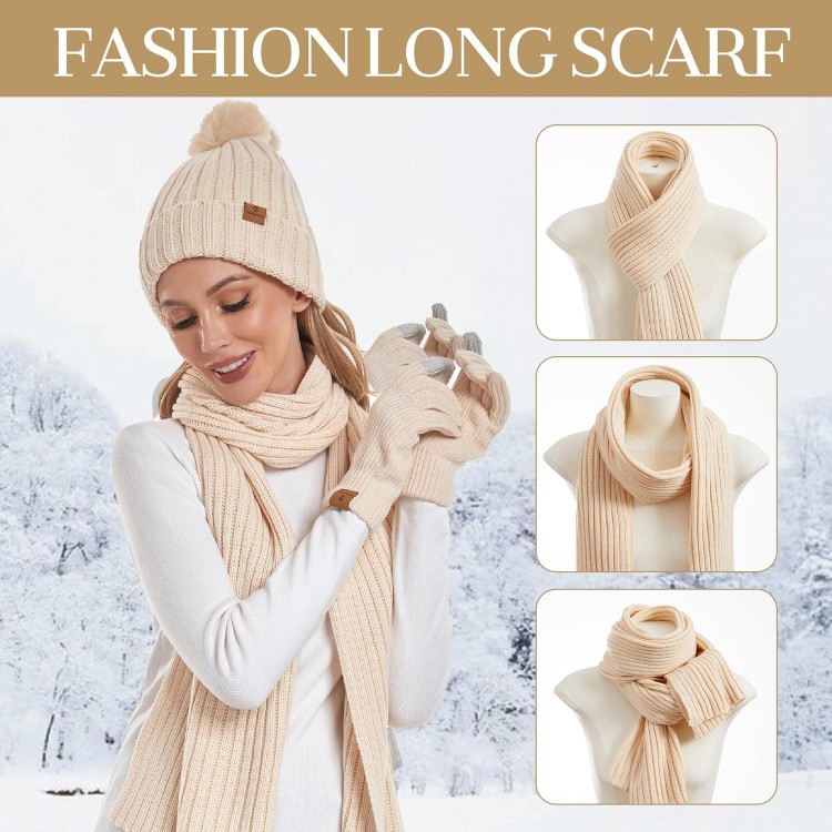 Coolprince Womens Winter Beanie Hat Long Scarf Touchscreen Gloves Set 