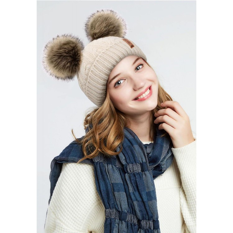 Arctic Paw Pom Pom Beanie Cable Knit Fleece Lined Winter Beanie Women Hat