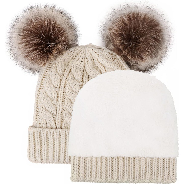 Arctic Paw Pom Pom Beanie Cable Knit Fleece Lined Winter Beanie Women Hat