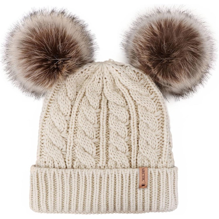 Arctic Paw Pom Pom Beanie Cable Knit Fleece Lined Winter Beanie Women Hat