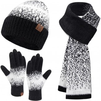 FZ FANTASTIC ZONE Womens Winter Knit Beanie Hats and Touchscreen Gloves Long Scarf Set Warm Fleece Skull Caps Gifts