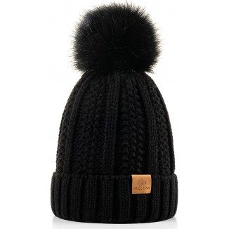 PAGE ONE Womens Winter Thick Cable Knit Beanie Faux Fur Pom Hat Fleece Lined Skull Cap