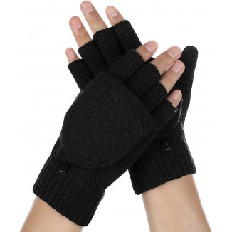 Achiou Winter Fingerless Gloves for Men Women, Convertible Warm Half Finger Mitten Gloves Flip Top