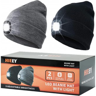 HIEEY 2 Pieces Unisex LED Beanie Hat With Light,USB Rechargeable Headlamp Cap