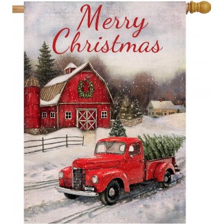 Selmad Merry Christmas House Flag Red Truck Double Sided, Holiday Decorative Flag