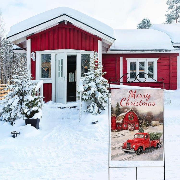 Selmad Merry Christmas House Flag Red Truck Double Sided, Holiday Decorative Flag