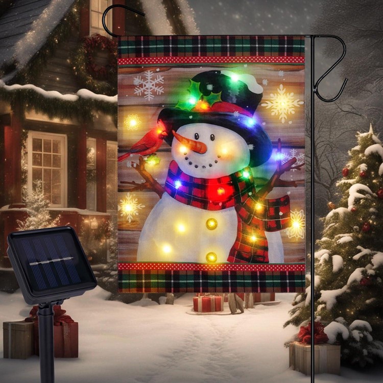 12x18in Double Sided Christmas Snowman Flag, Christmas Garden Flag with Solar LED Lights
