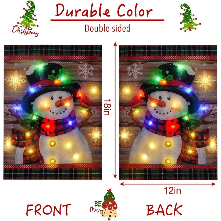 12x18in Double Sided Christmas Snowman Flag, Christmas Garden Flag with Solar LED Lights